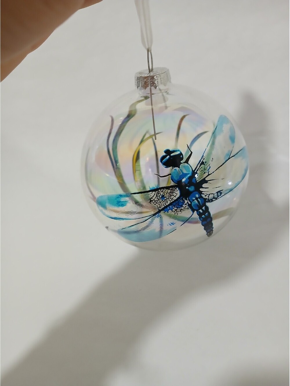 Hand Blown Iridescent Art Glass Ball Ornament Dragonfly 4.5” Decor christmas